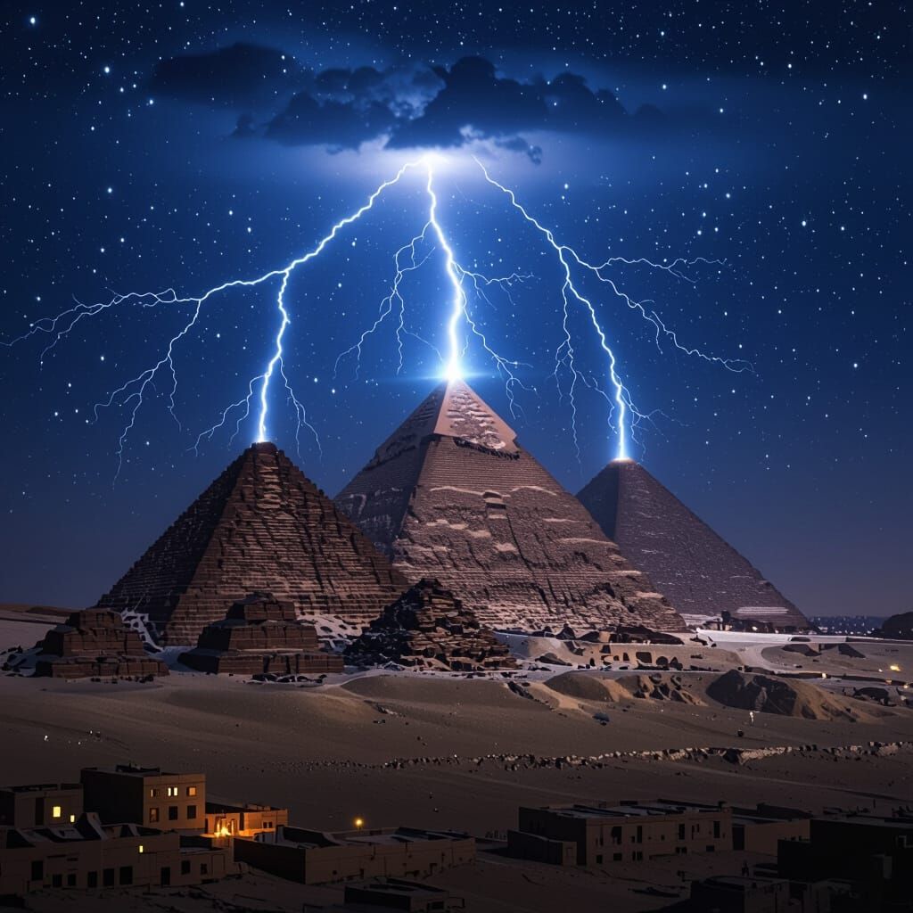 Giza Pyramids as Ancient Power Stations at Night
