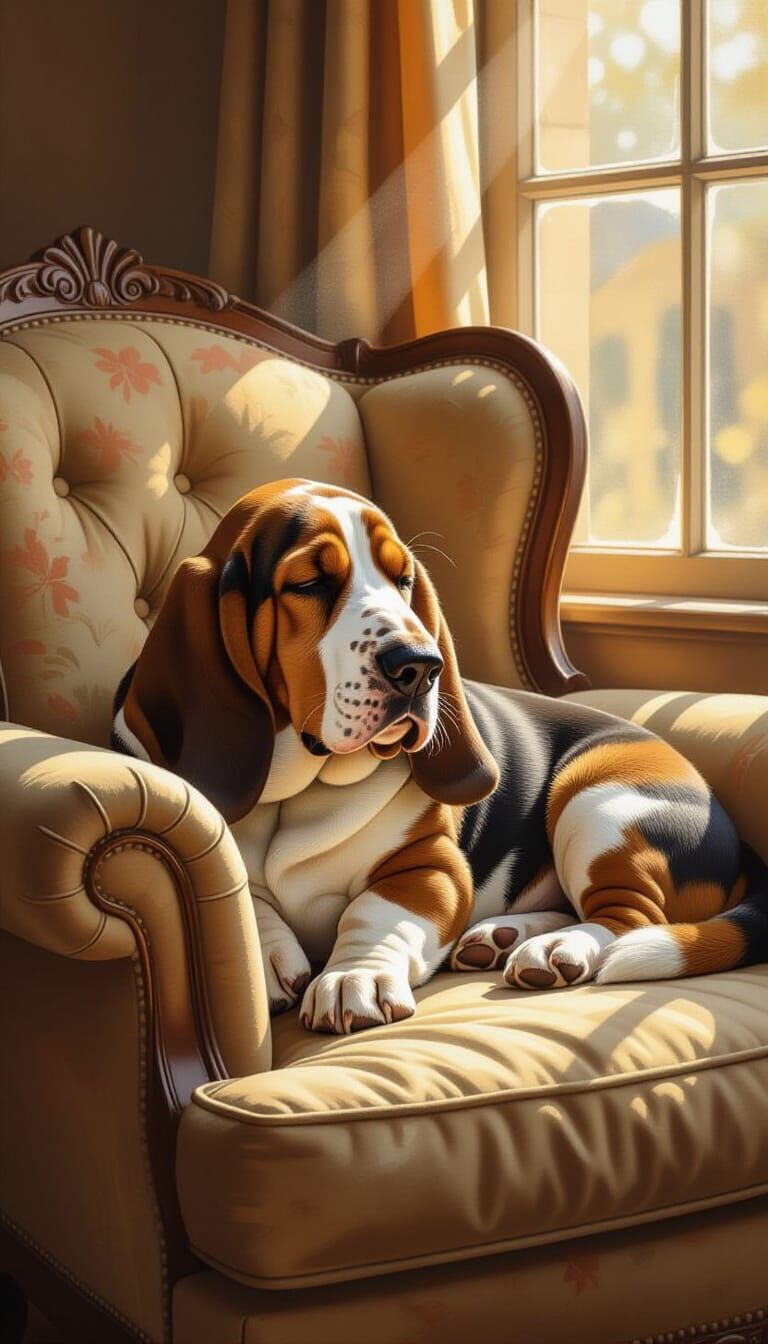 Sleepy Basset Hound Relaxing in Antique Armchair