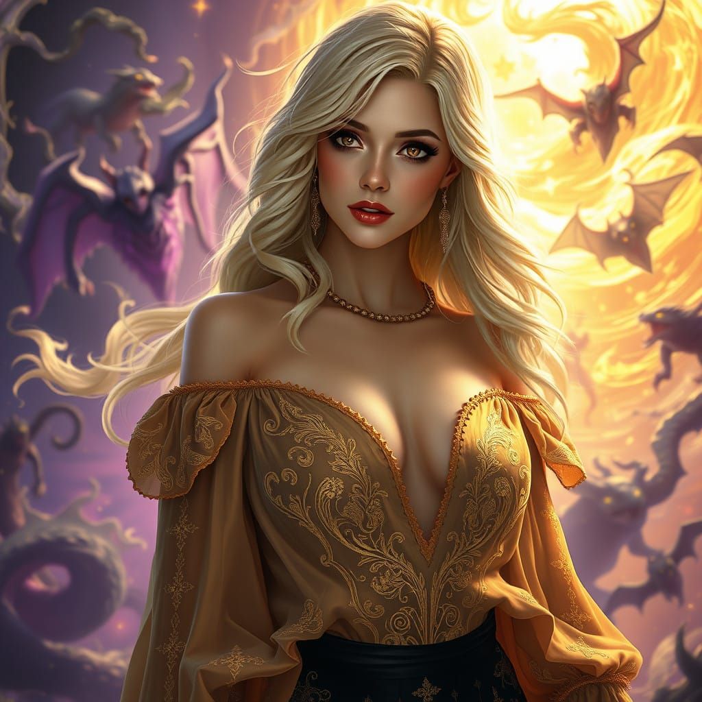 Dark Fantasy Maiden in Elegant Intricate Attire Collides wit...