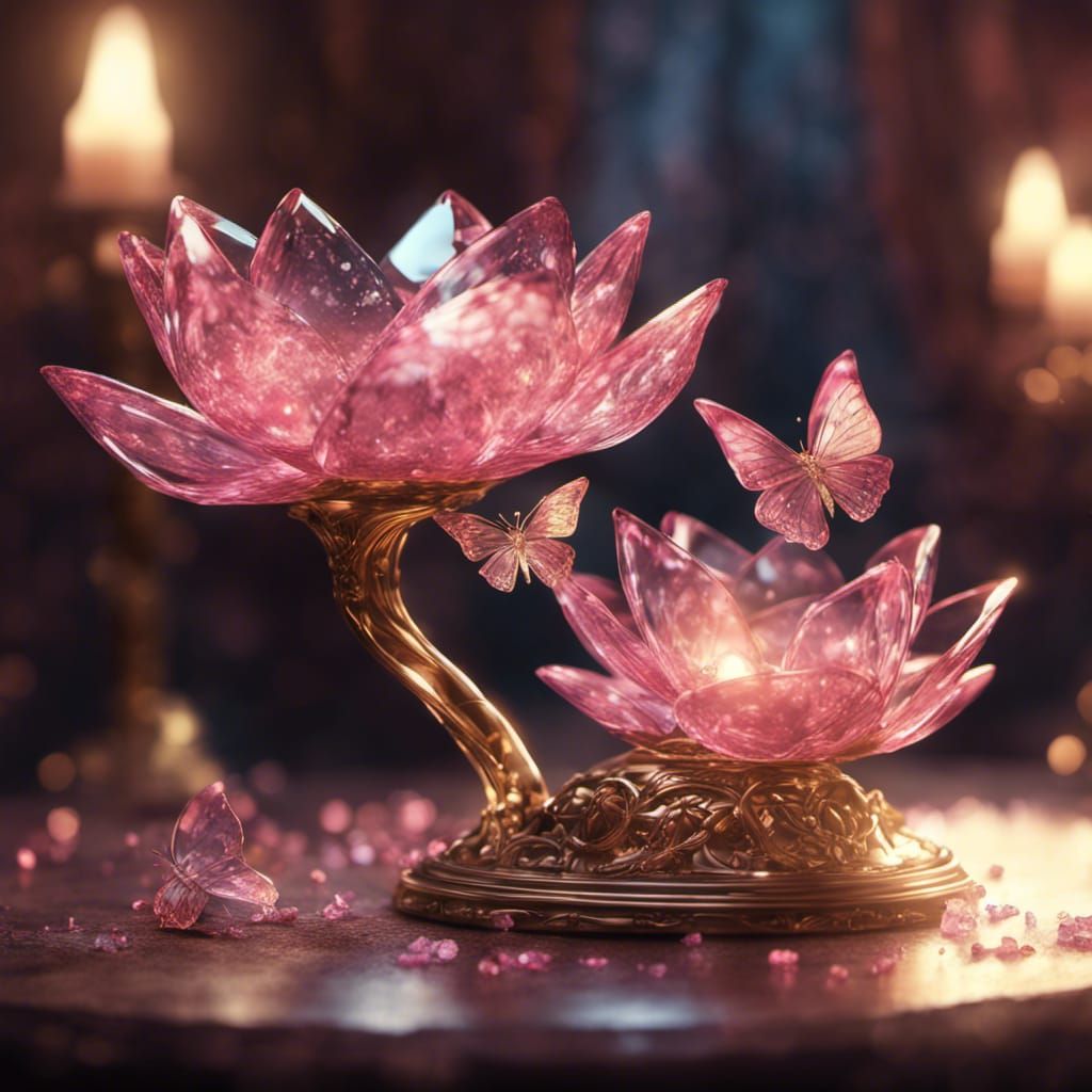 Broken Glass Lotus with Golden Butterflies