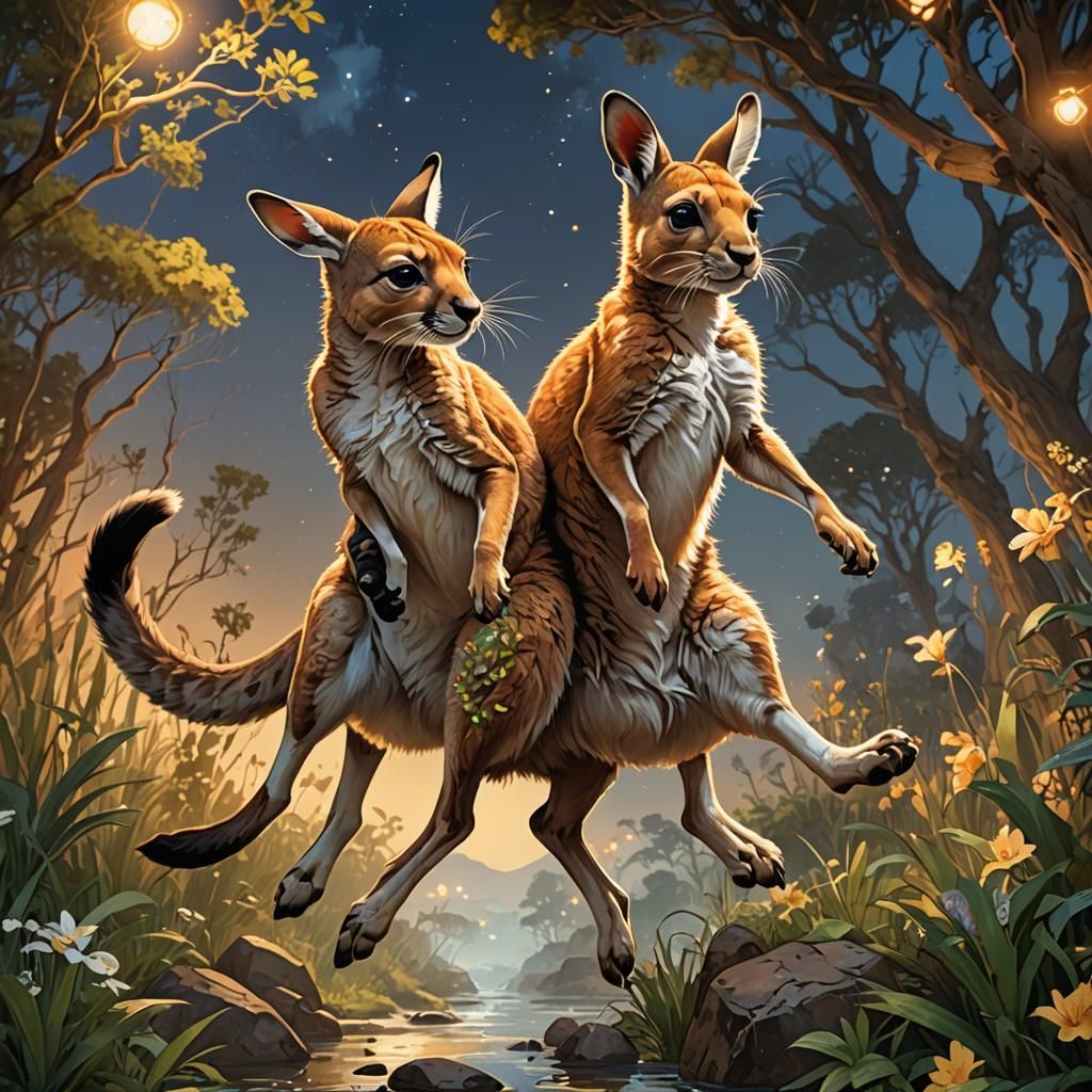 Kangaroo and Kitten Leap at Dawn: Watercolor Art