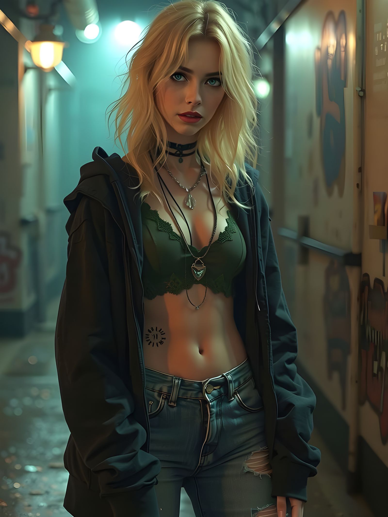 Celine in Teal-Lit Alley: Cinematic Street-Noir