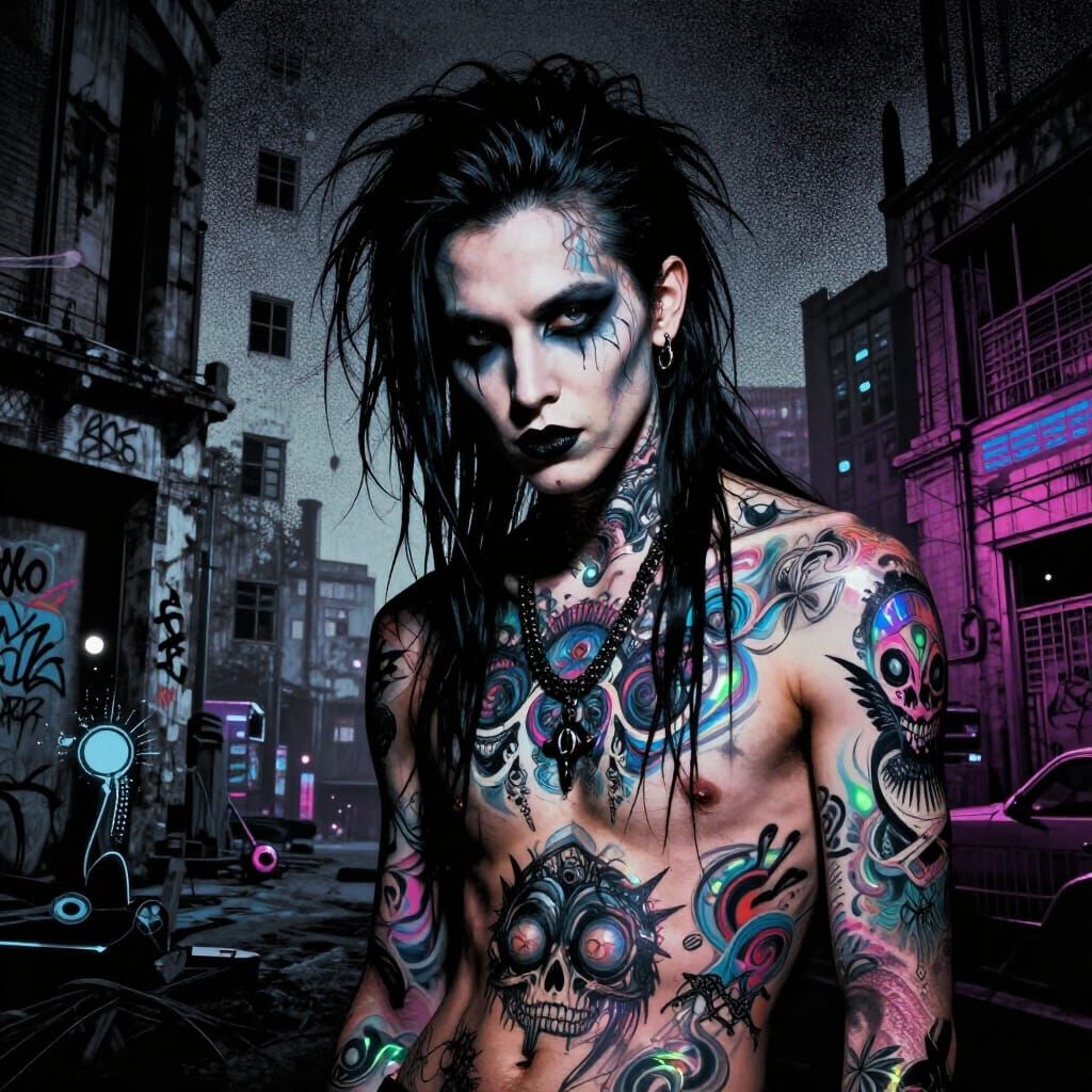 Goth Figure in Neo-Noir Cityscape with Kinetic Art