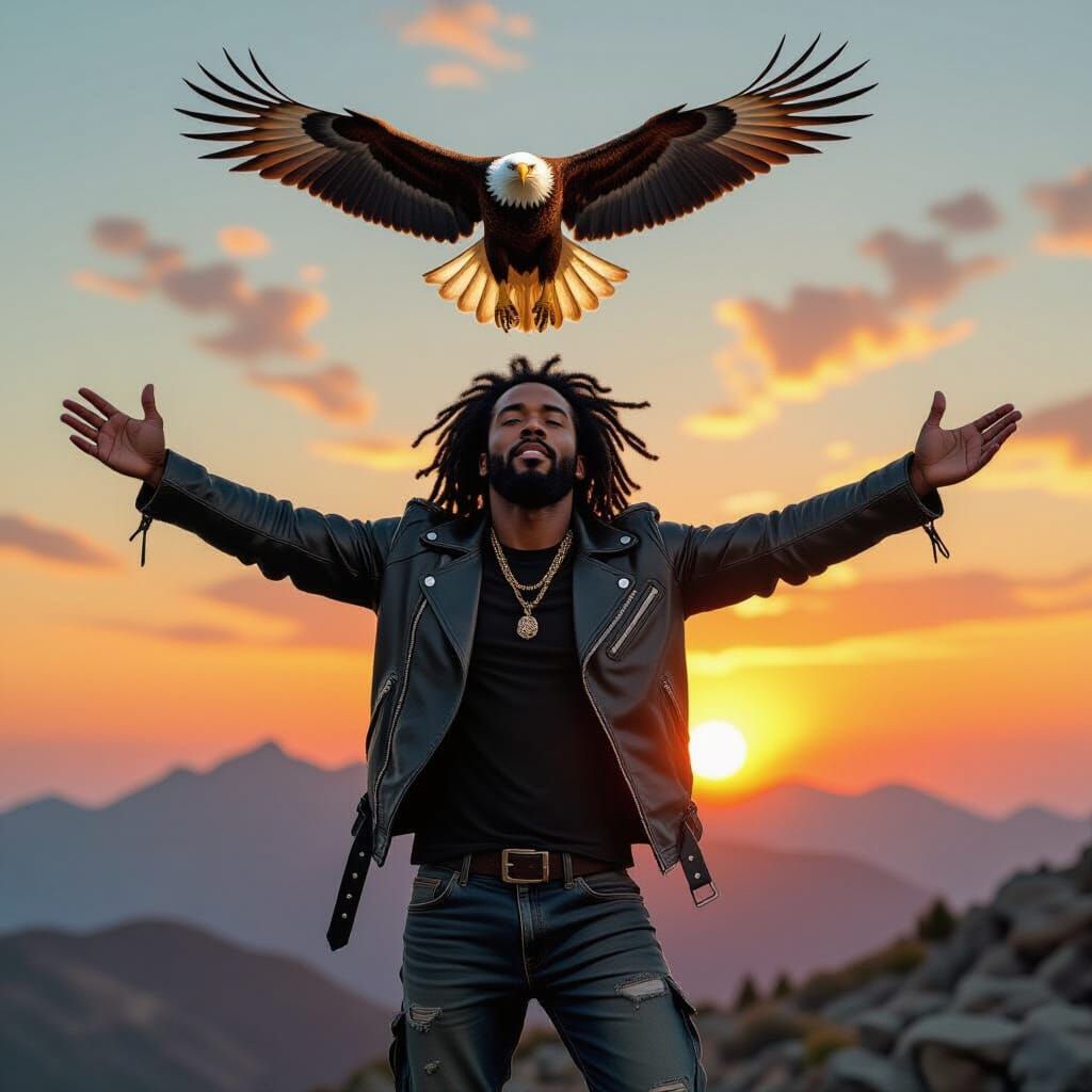 Man on Mountaintop with Eagle, Abstract Style