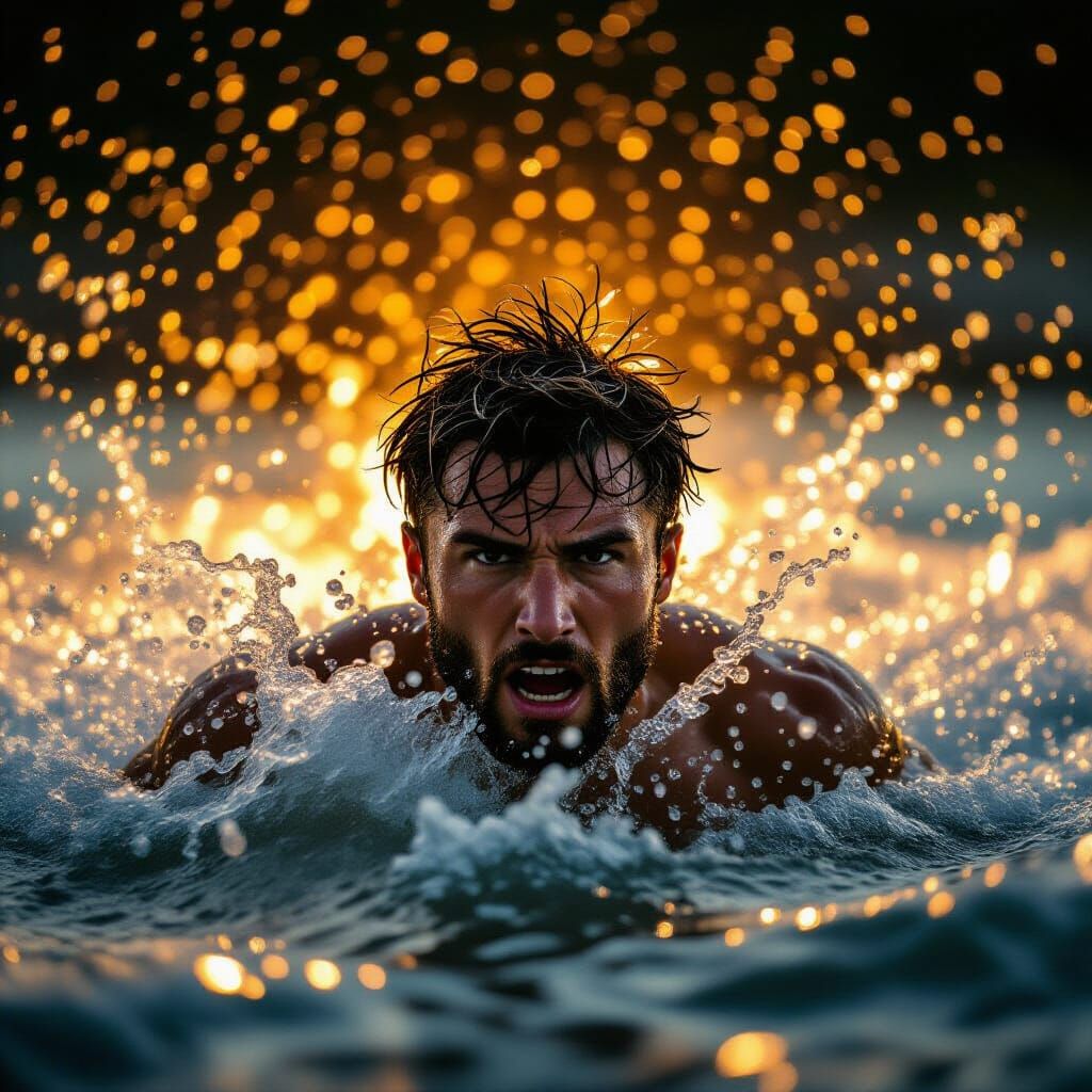 Person Ascending Through Water in Golden Light