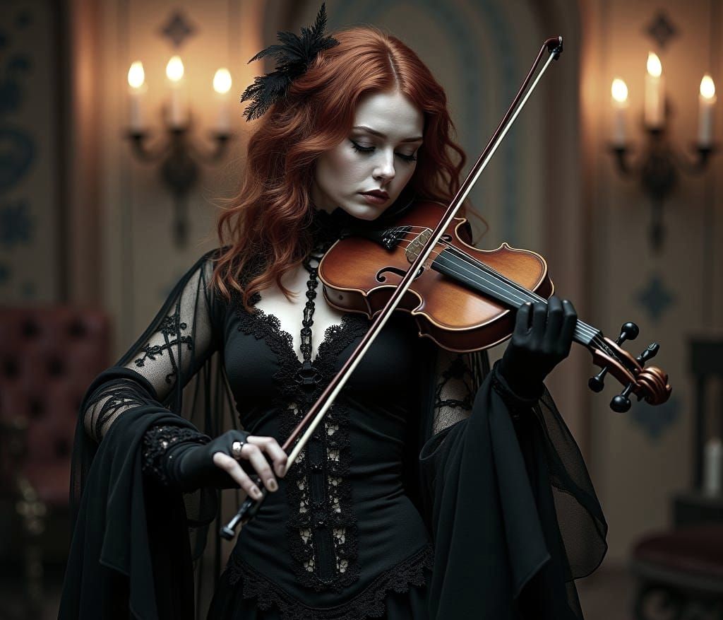 Gothic Redhead Violinist in Detailed Matte Painting Style