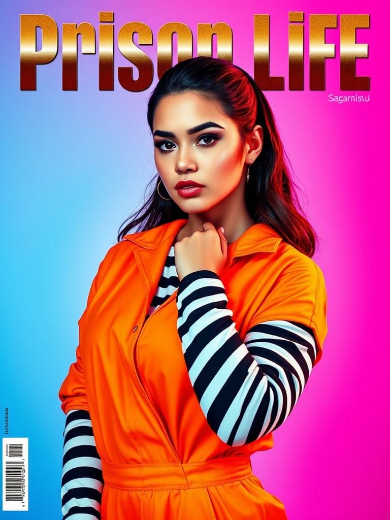 Magazine Cover: Woman in Orange Jumpsuit, Graphic Design