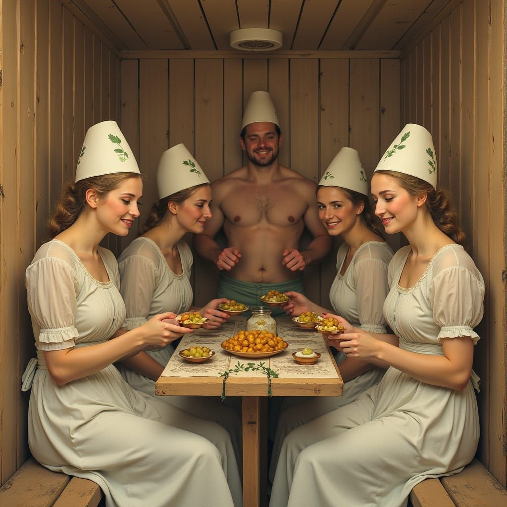 Sauna Scene in Alphonse Mucha Style