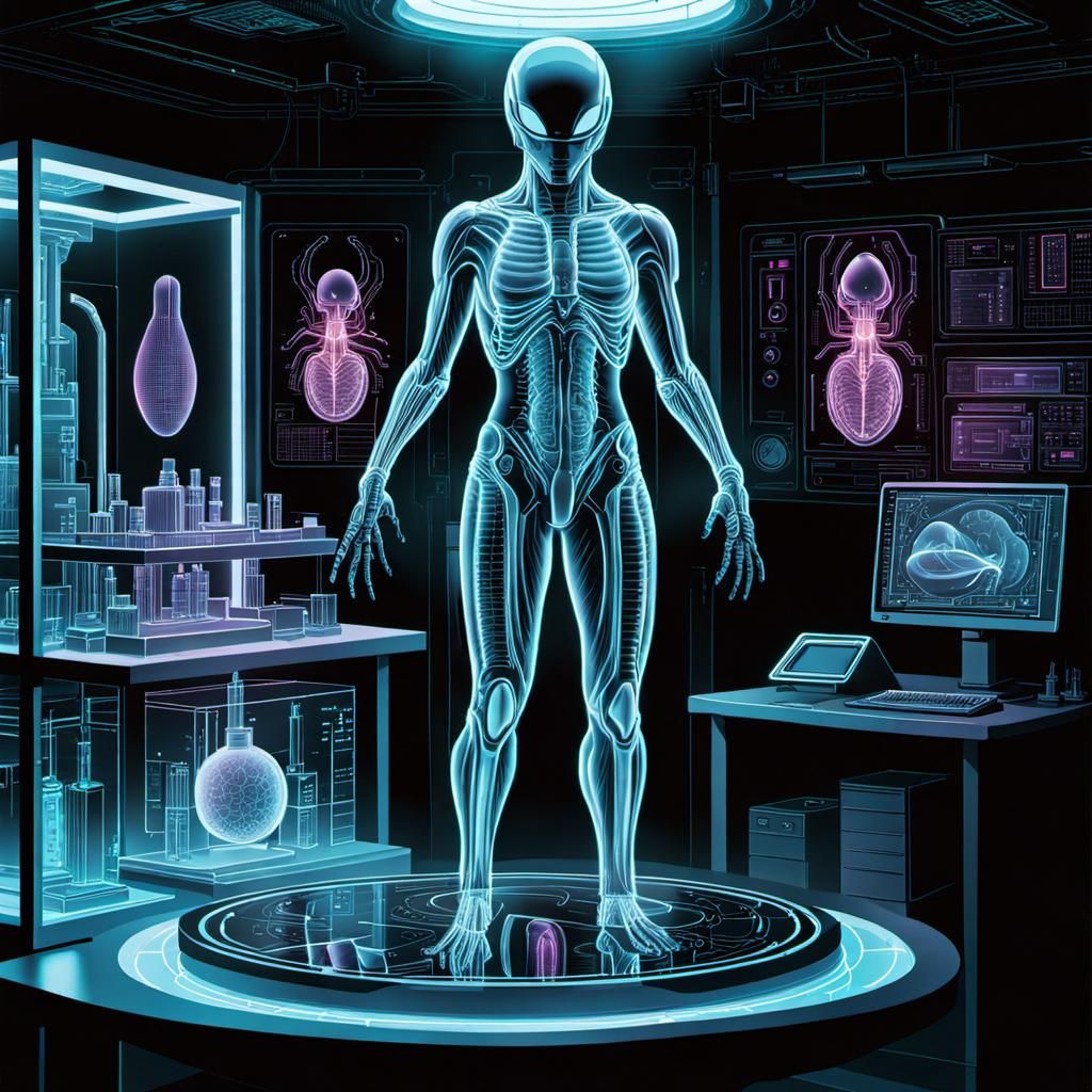 Futuristic Lab with Bioluminescent Xenomorph Hologram