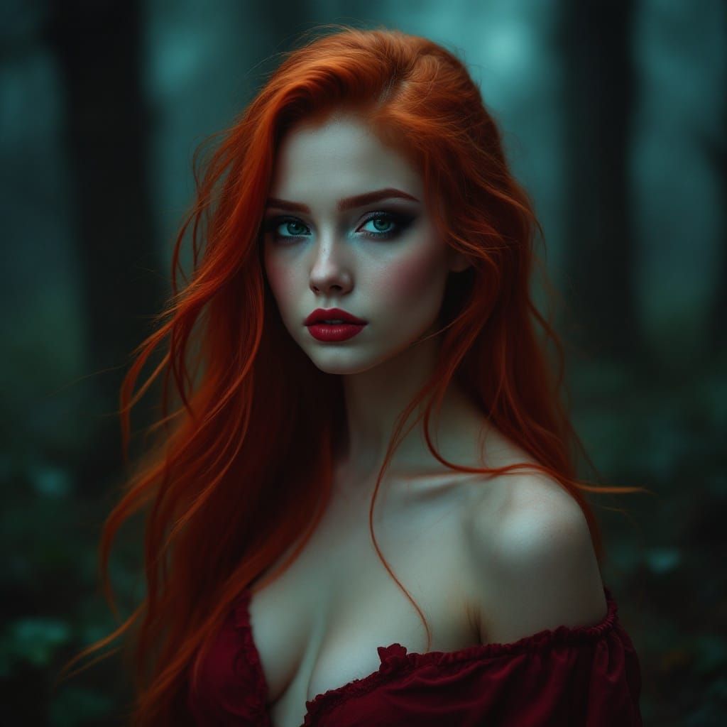 Mystical Forest Siren in Fiery Red Hues
