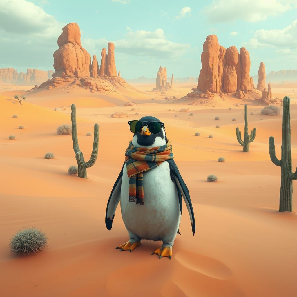 Penguin's Desert Adventure: A Surreal Digital Painting