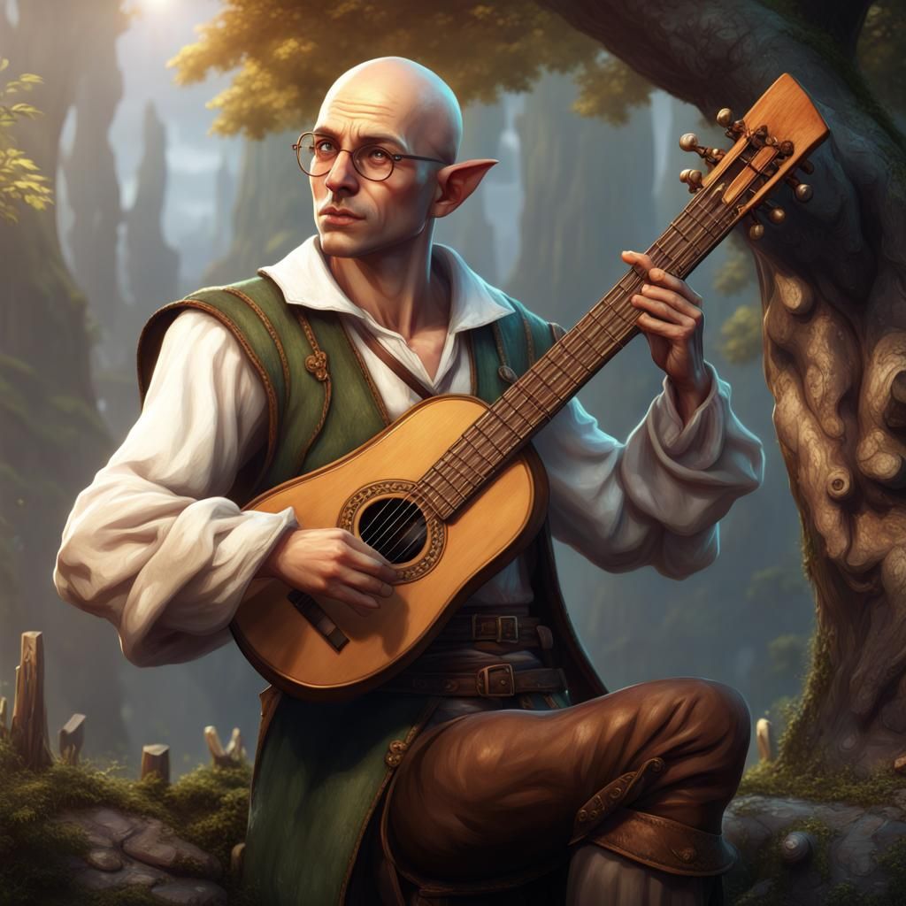 Bald Elf Bard with Lute: Fantasy Concept Art