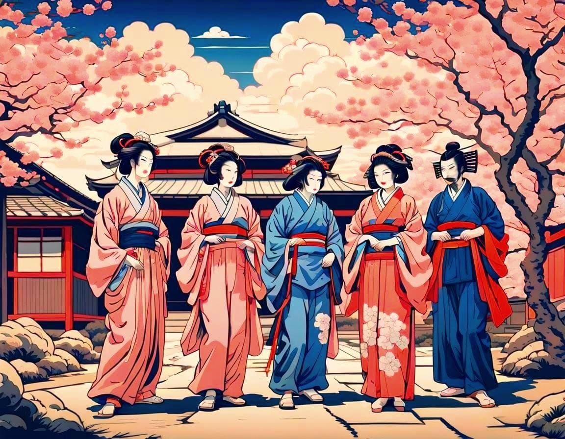 Ukiyo-e Painting of Japanese Figures and Landscape