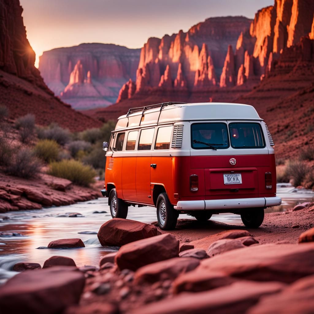 Volkswagen Van in Red Rock Canyon at Sunset