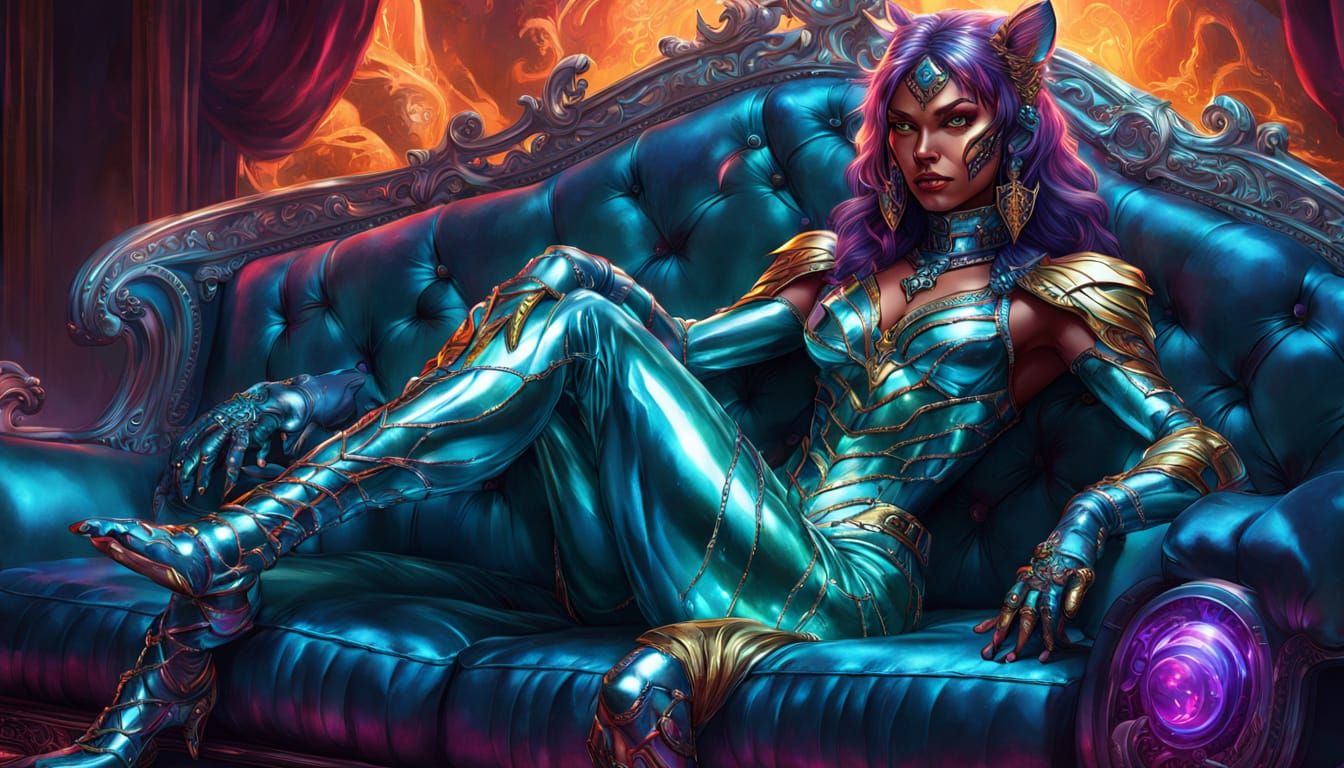 Tigerwoman on Luxury Couch in Crystalpunk Art Style