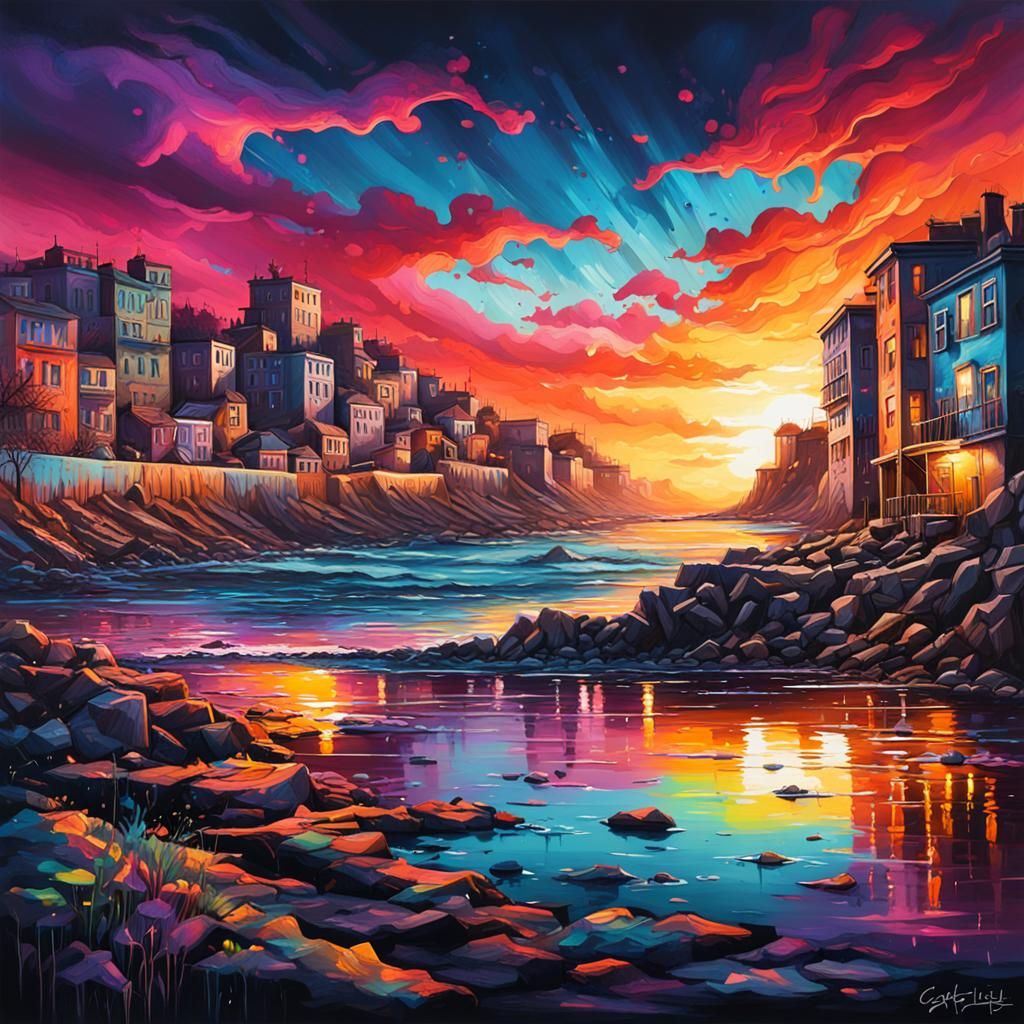 Graffiti Art: Majestic Dusk Seascape