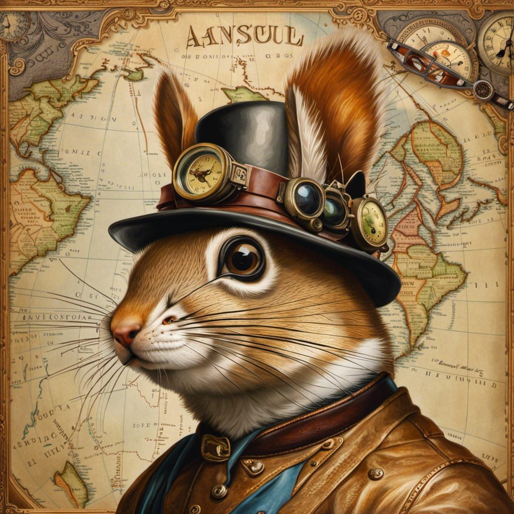 Steampunk Squirrel in Antique Oil Painting