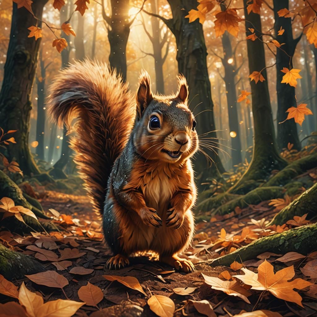 Sparkling Autumn Squirrel Running Through Forest