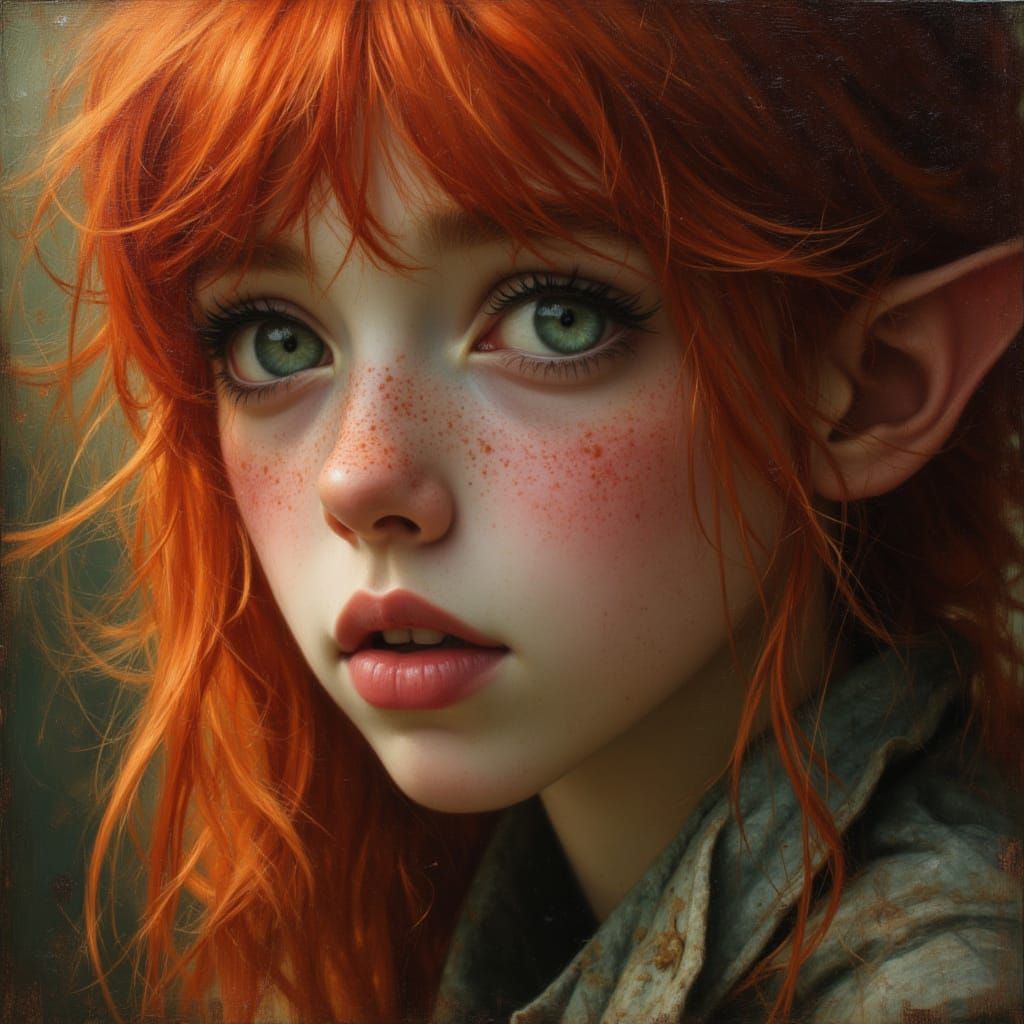 Ethereal Fae with Red Hair in Soft Grunge Style