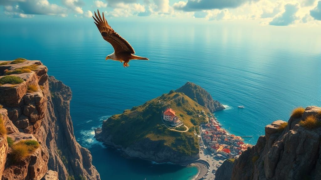 Eagle Soaring Over Coastal Village in Hyperrealism