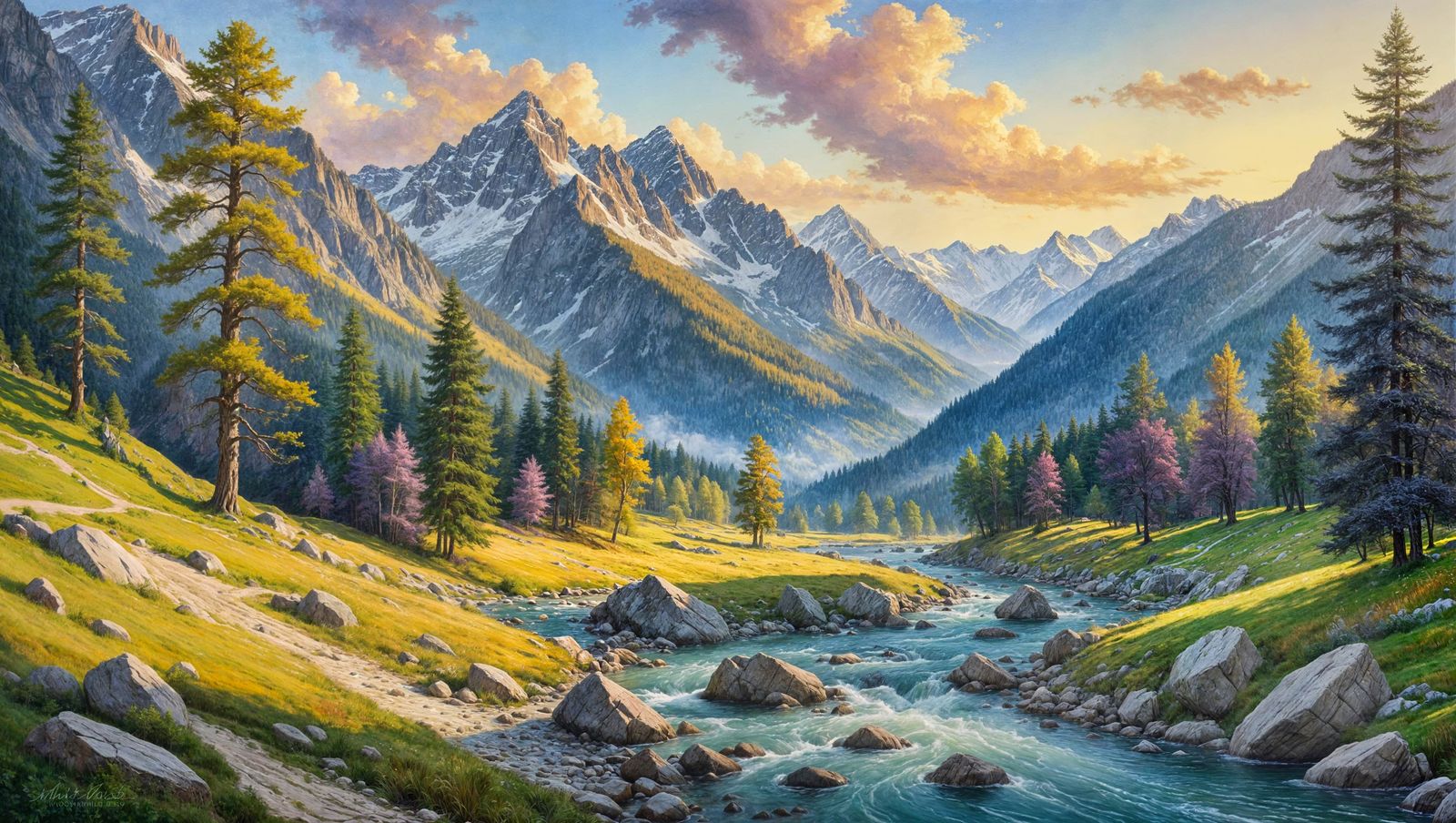 Alps River Valley Watercolor Painting in Golden Hour
