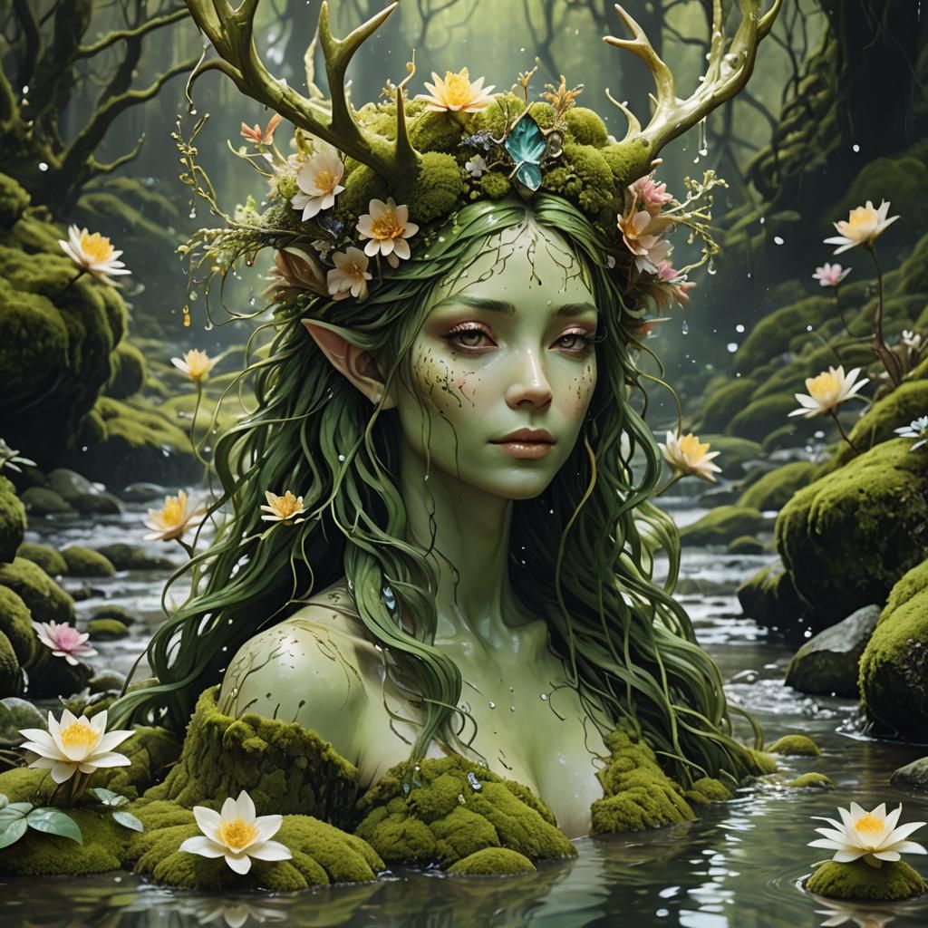 Moss Nymph in Enchanted Forest, Acrylic Pour Style