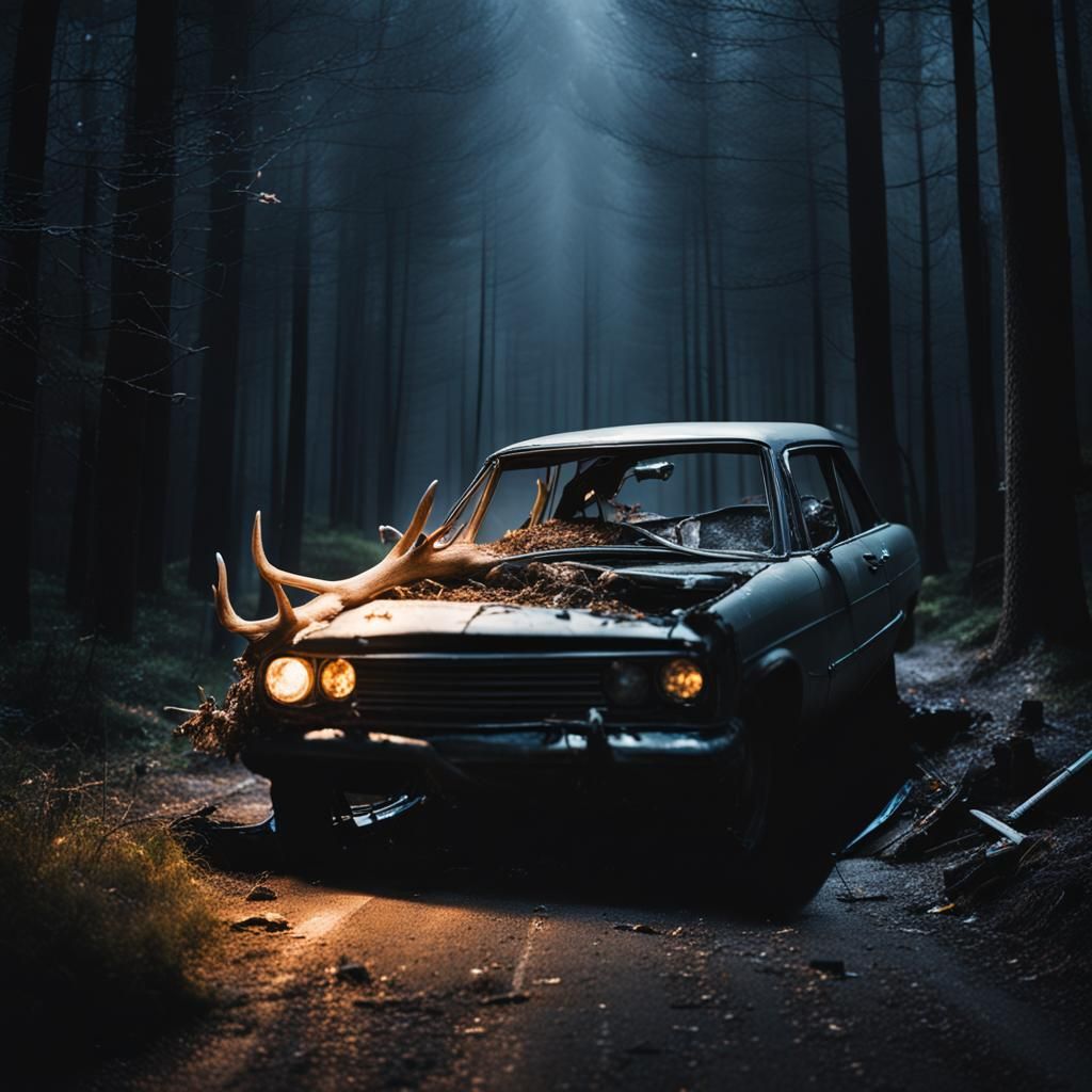 Night Forest Car Wreck With Deer, Real Photo