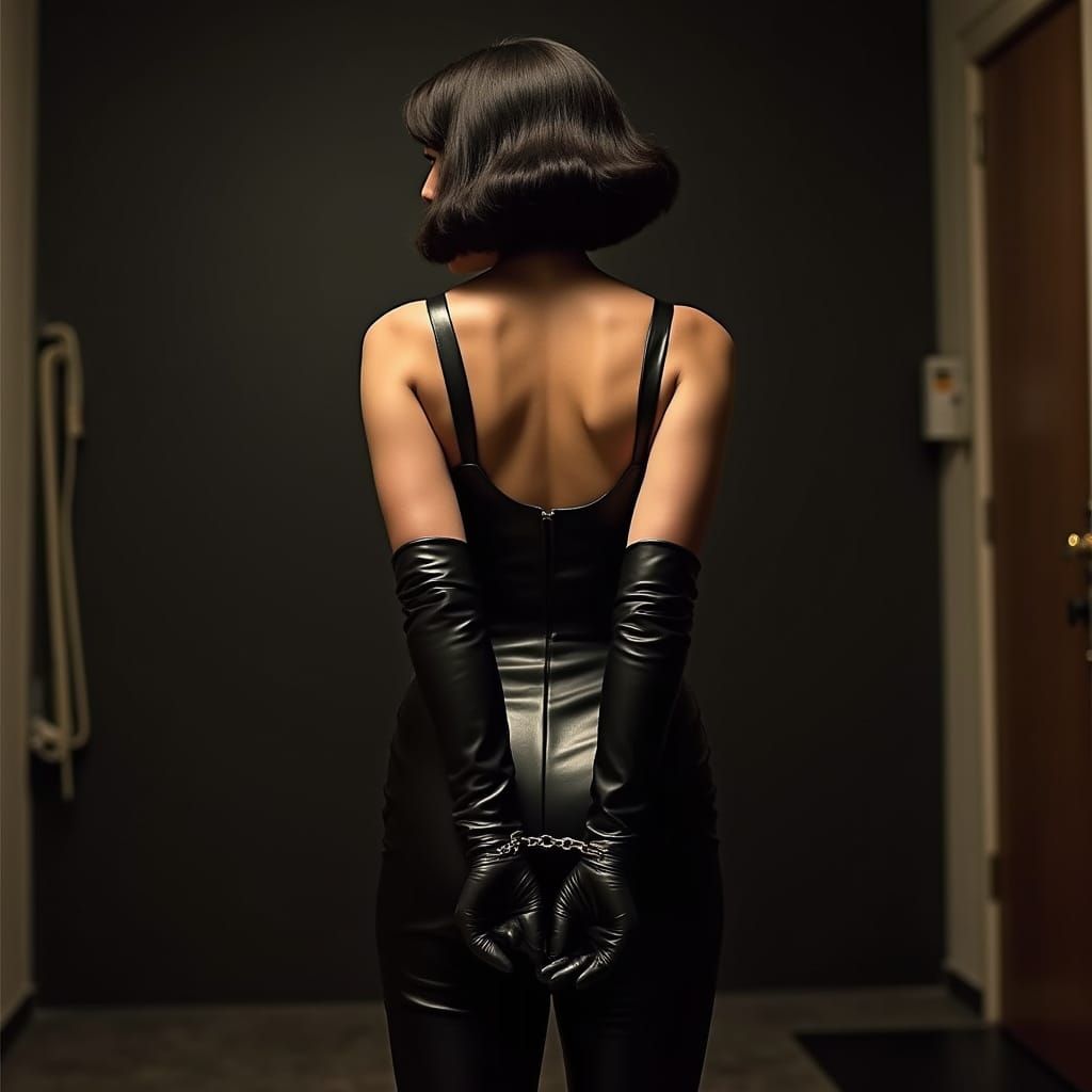 Retro Leather Dress: Woman in Handcuffs