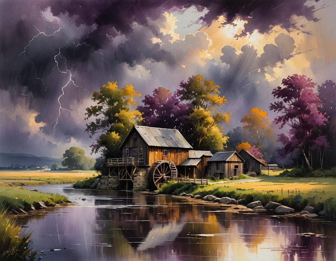 Realistic landscape painting with a water mill