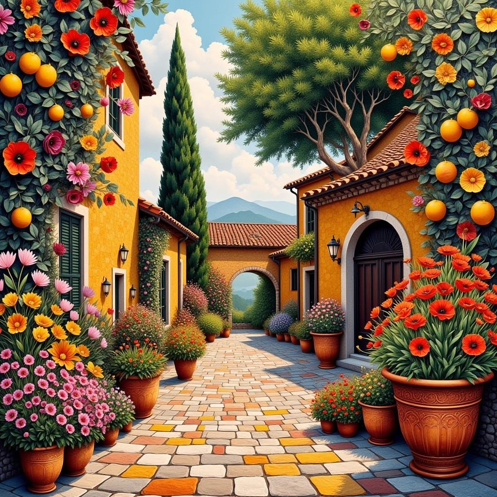 Vibrant Italian Courtyard Scene in Abstract Collage Style