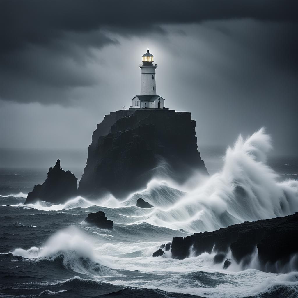Thridrangar Lighthouse in Stormy Seas, Painterly Digital Art