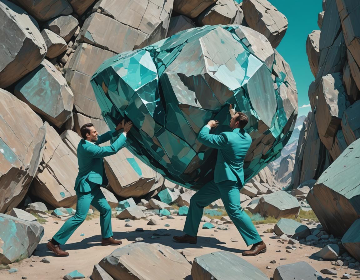 Manager Moves Boulder in a Futuristic Landscape