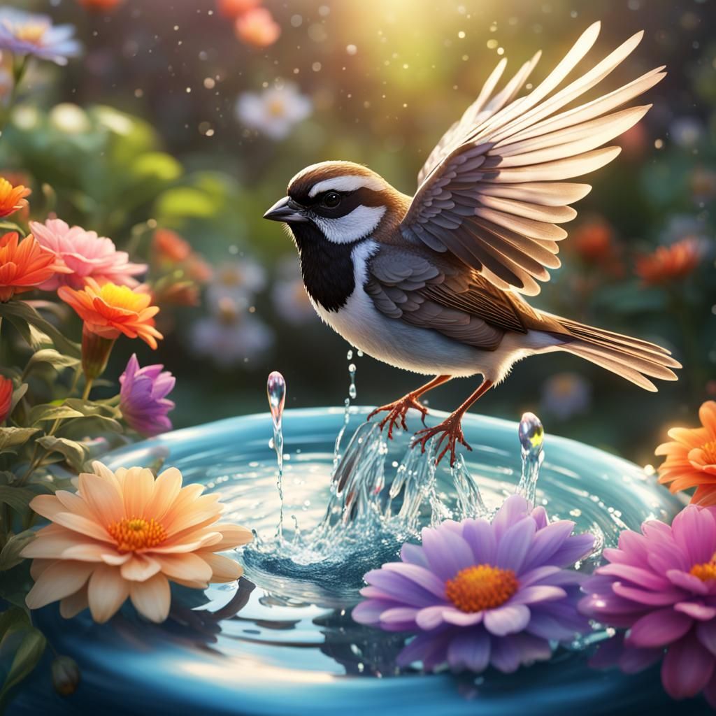 Whimsical Sparrow Splashing: Prism Photography in 4K