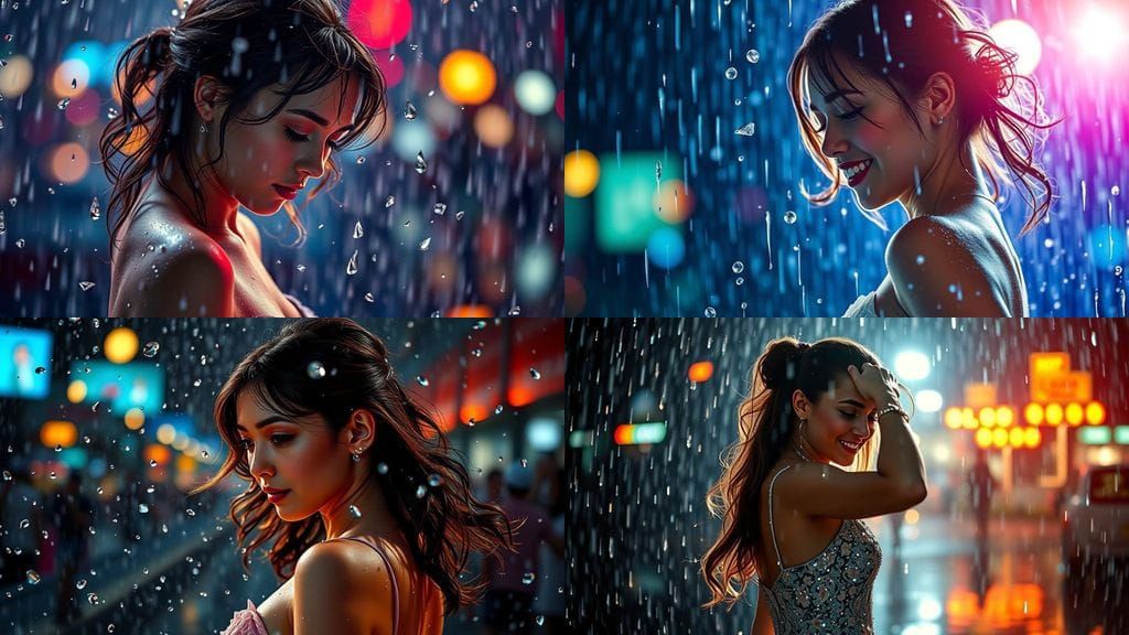 Hyperrealistic Girl Dancing in Raindrops