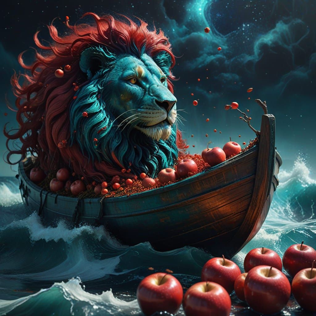Dreamlike Surrealism: Majestic Lion in Crimson Apple Maze