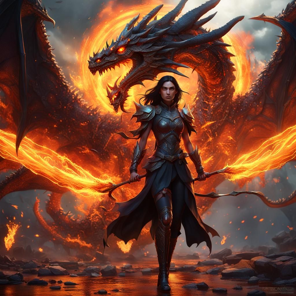 Fiery Dragon-Winged Heroine in Fantasy Art