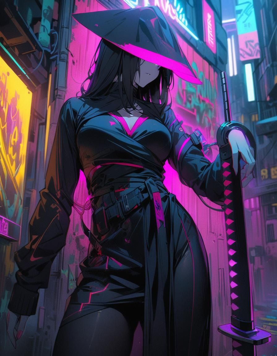 Cyberpunk Samurai Woman with Sword in Neon Market