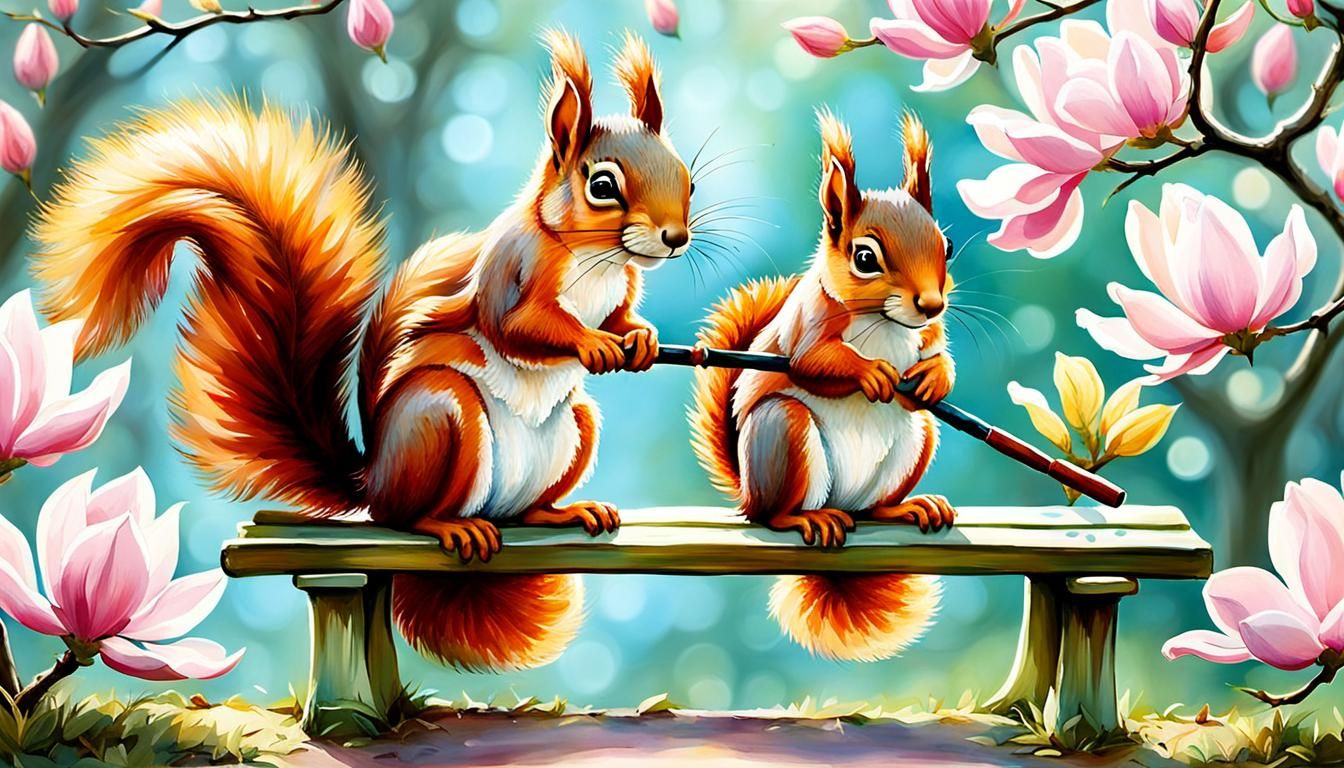 Squirrels' Whimsical Bench Scene with Magnolia Tree