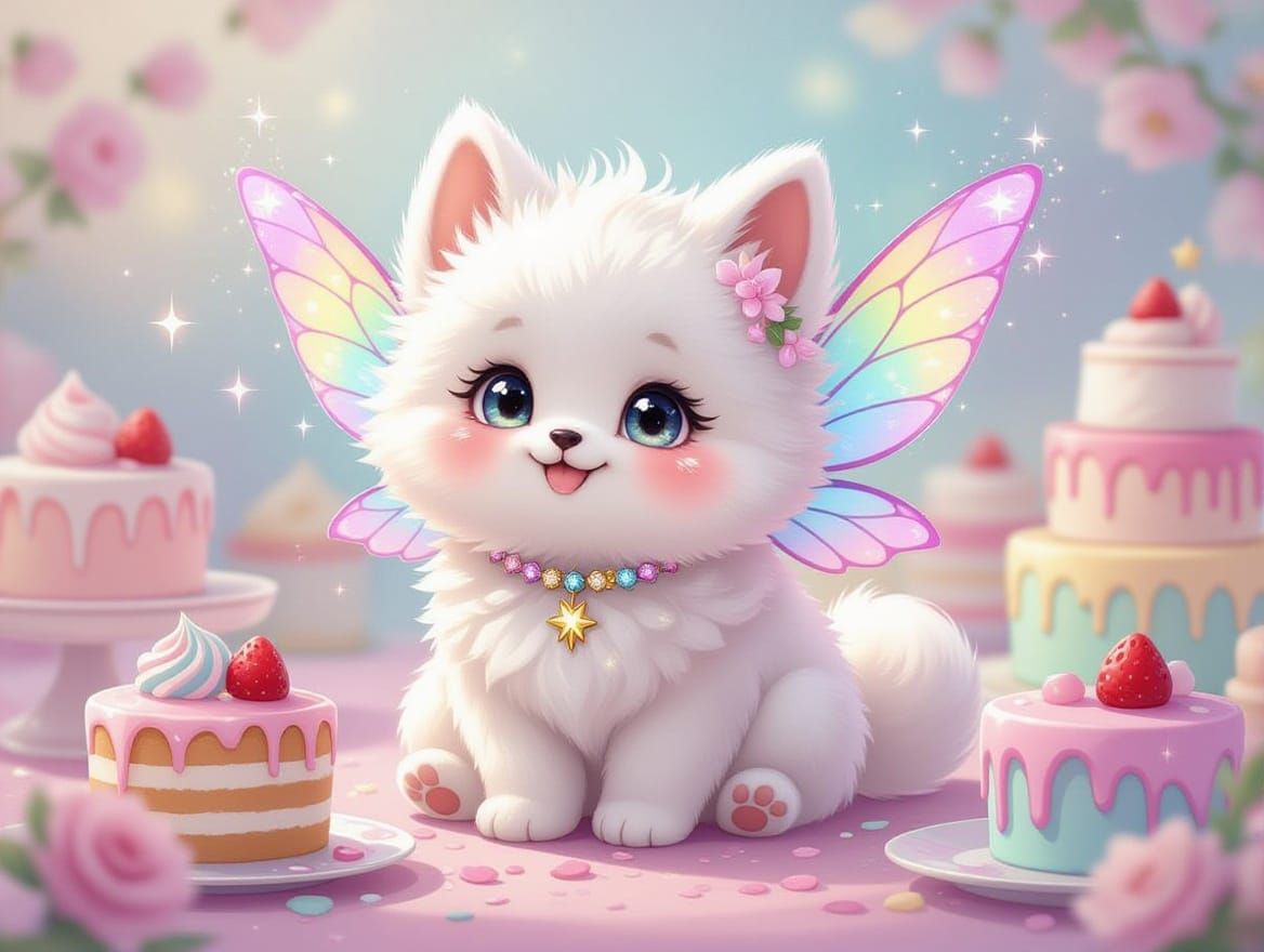 Whimsical Magical Pet with Fairy Wings and Cake