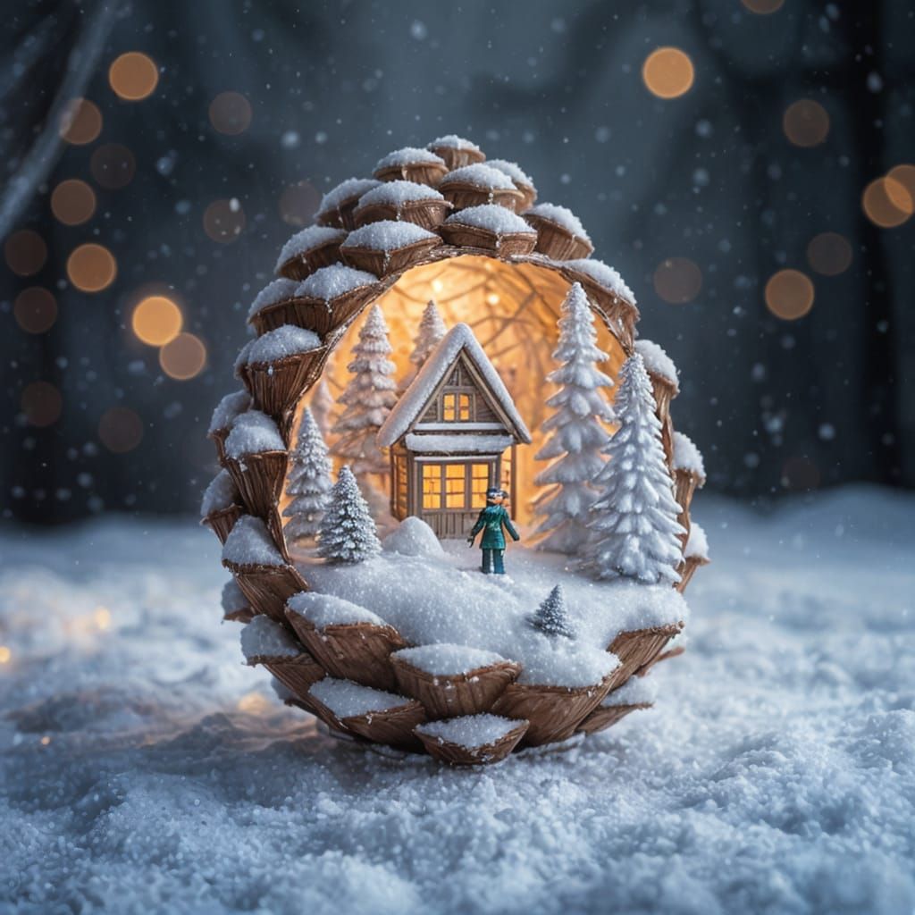 Digital Artwork: Cozy Winter Wonderland Within a Pine Cone