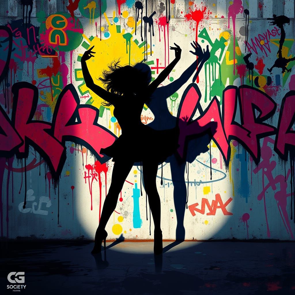 Woman's Shadow Dance Against Graffiti Wall