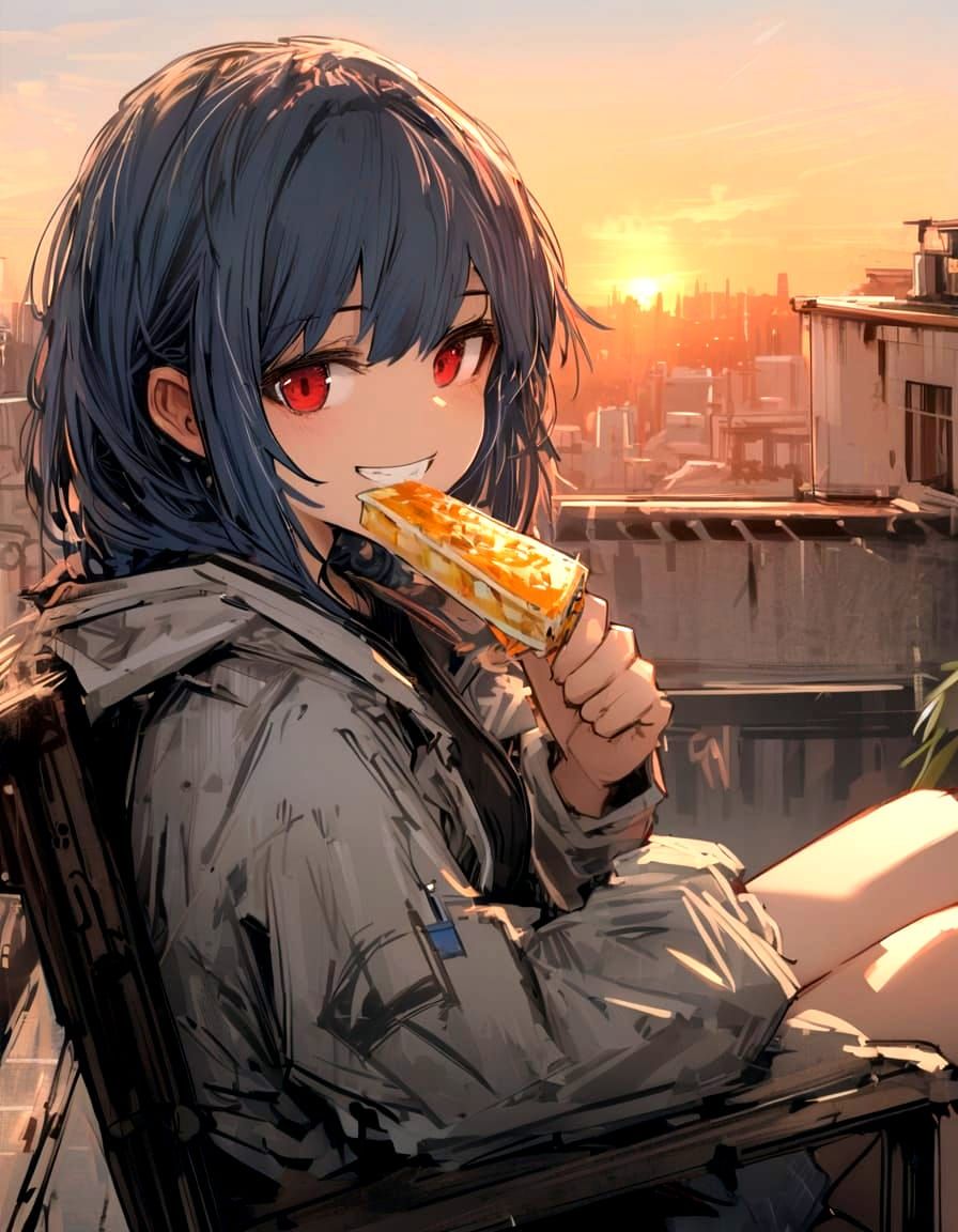 Cozy Sunset Girl Enjoying Eclair on Rooftop