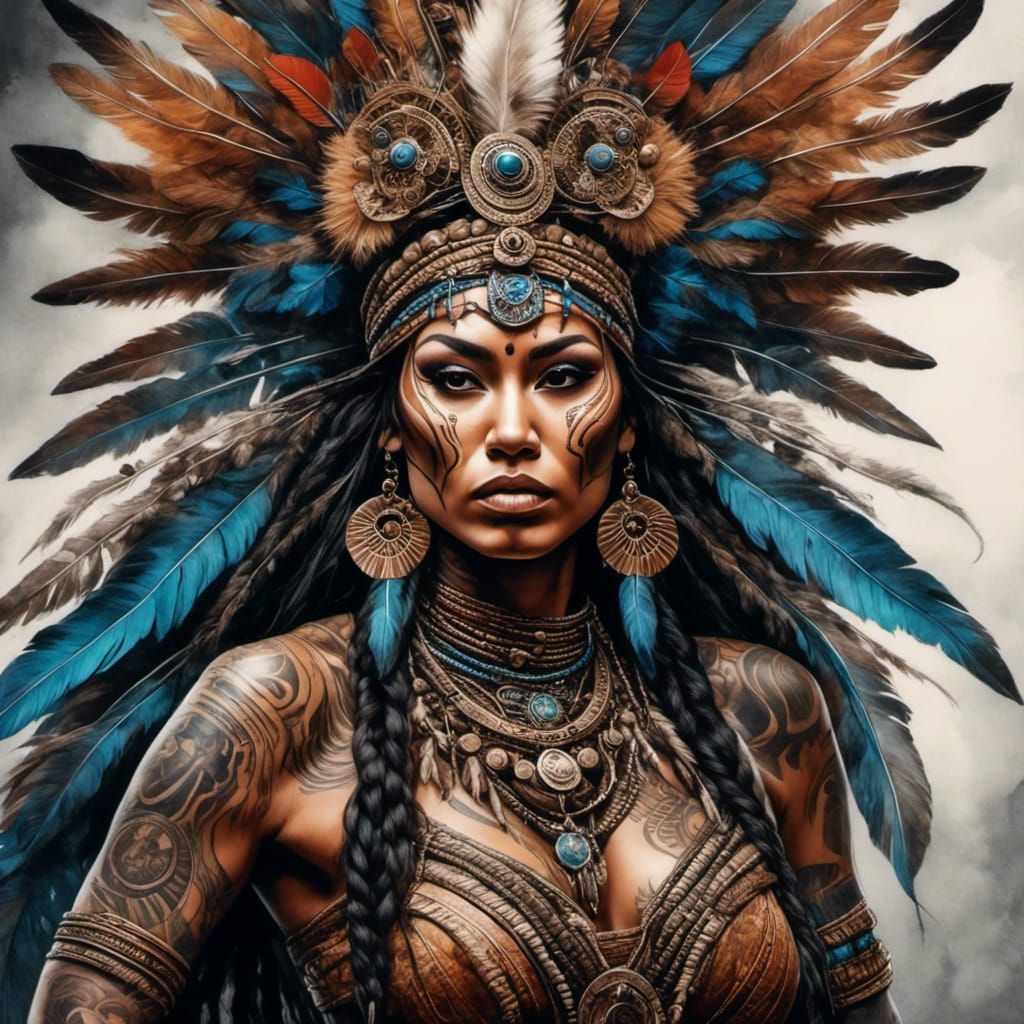 Tattooed Maori Woman Dancing Haka