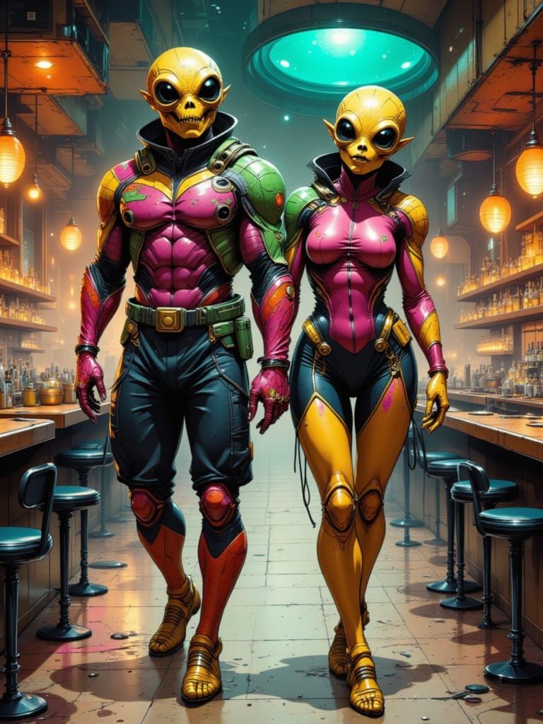 Alien Couple in Futuristic Spaceship Nightclub