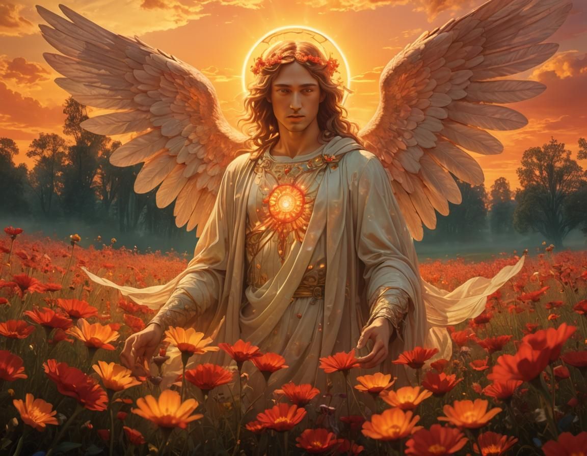 Archangel in Surreal Meadow, Magic Realism Style