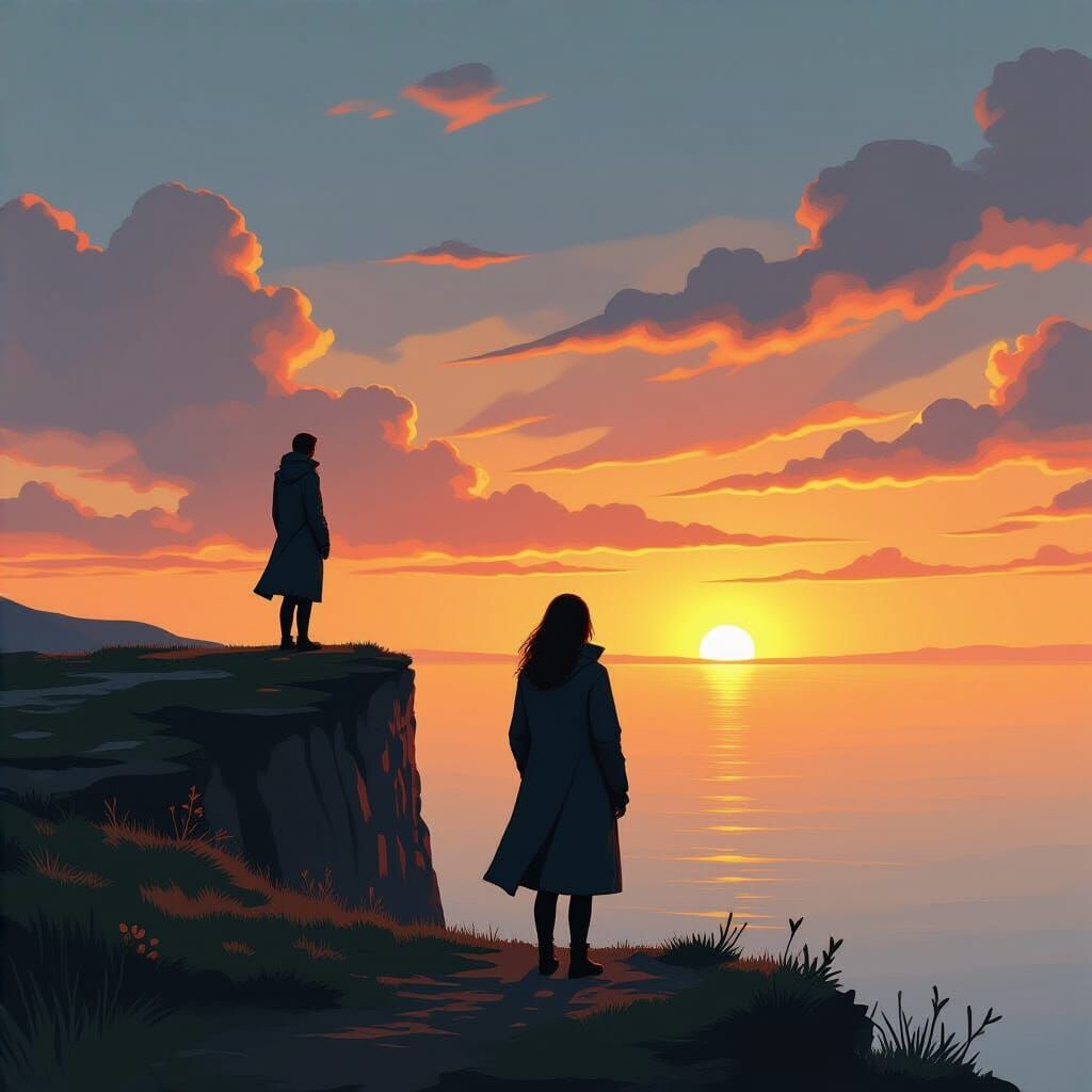 Woman Overlooking Sunset Landscape in Digital Painting Style