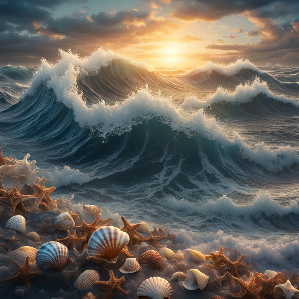 Sunrise Over a Fantastical Ocean with Large Waves