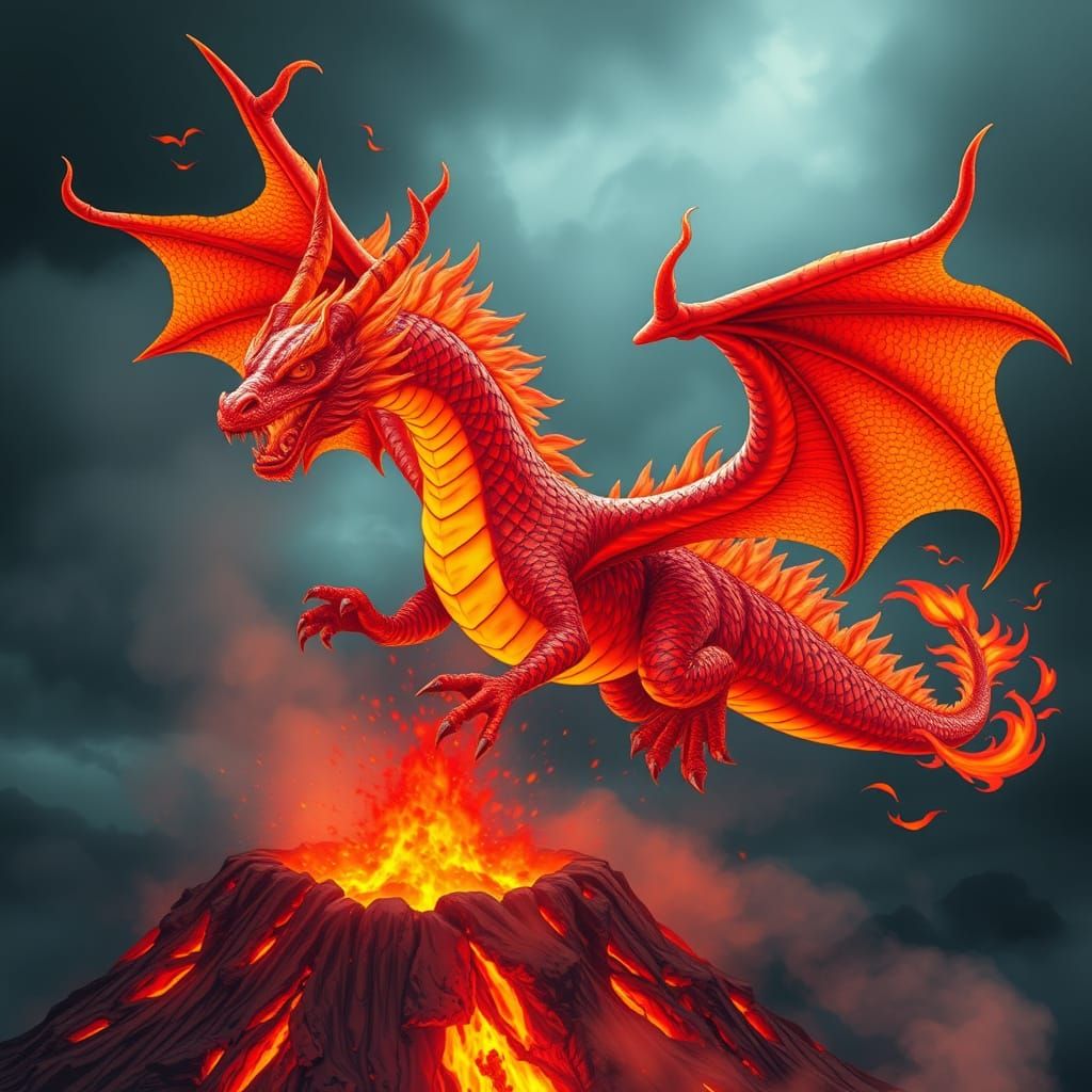 Majestic Fire Dragon in Vivid Colors Soars Around a Volcano