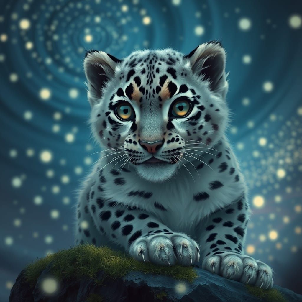 A close up portrait of a snow leopard cub, its eyes wide ope...