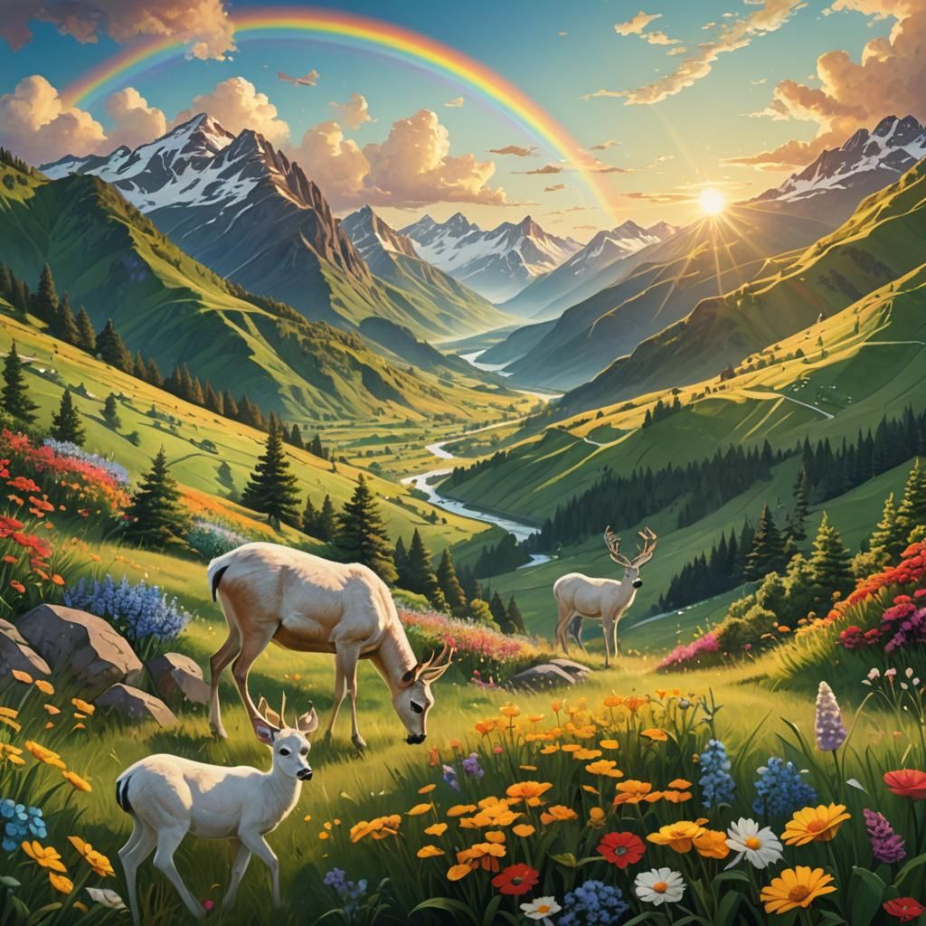 Lush Mountain Landscape with Grazing Deer